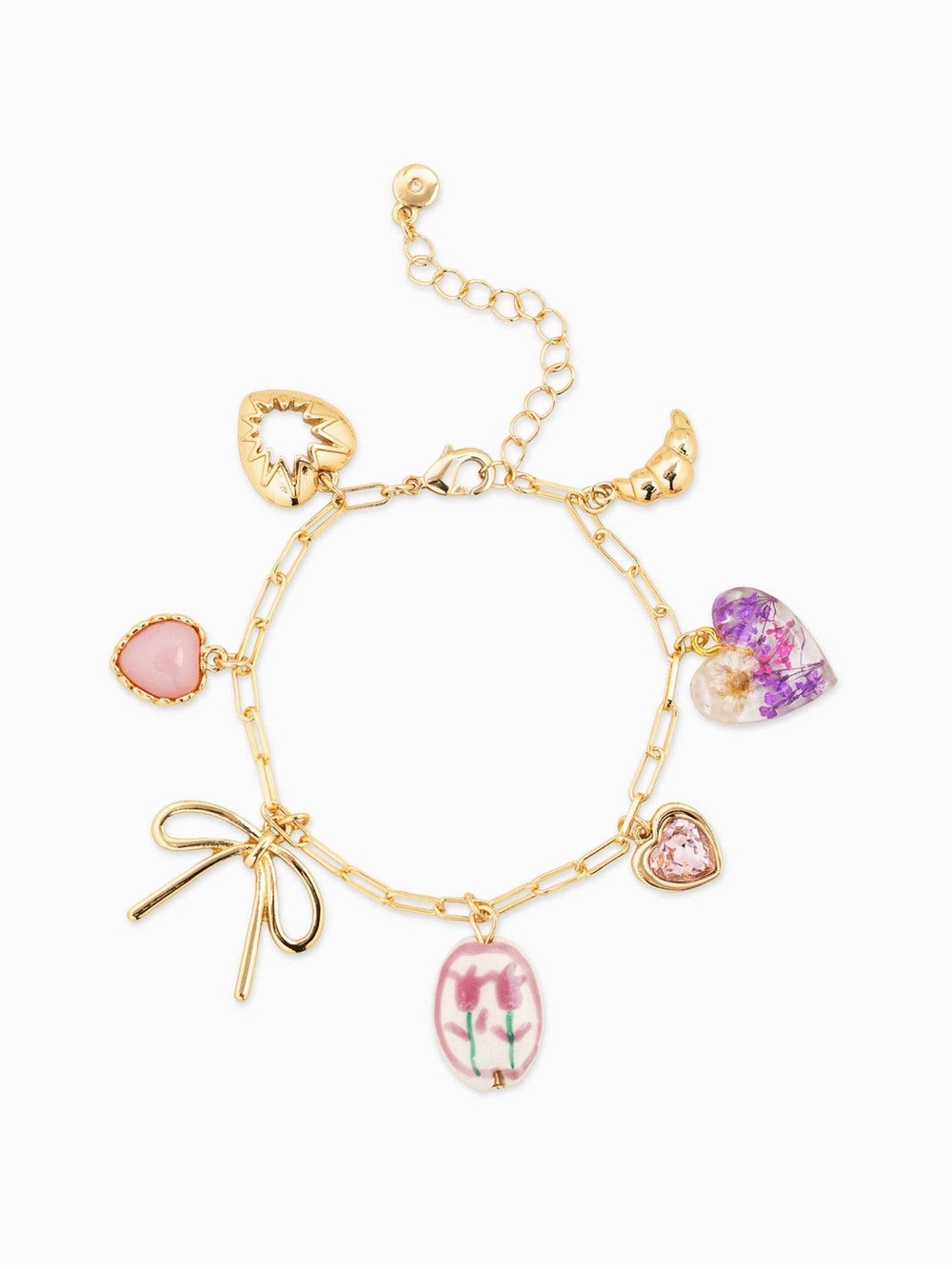 Pink Cottagecore Gold-Tone Charm Bracelet Hearts Bow Floral 7 Inch